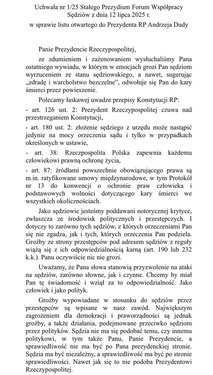 forumfws's tweet image. Uchwała nr 1/25 Stałego Prezydium Forum Współpracy Sędziów z dnia 12 lipca 2025 r.
w sprawie listu otwartego do Prezydenta RP Andrzeja Dudy
@prezydentpl @AndrzejDuda
@Adbodnar @PK_GOV_PL
@JudgesSsp @ThemisSedziow @WolneSady1 @ObywateleRP @Kom_Obr_Dem_Int @BiuroRPO