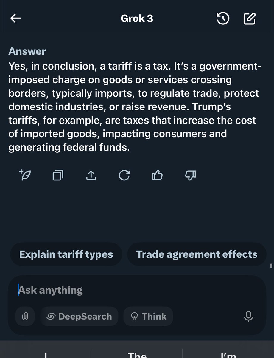 MadeInTheUSANJ's tweet image. Grok just told me that a tariff is a tax.
I wouldn’t want MAGA to find out.