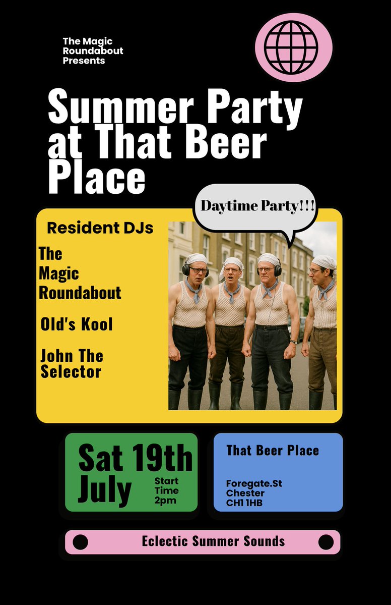 MagicRound23's tweet image. Join us next Saturday from 2pm for a Daytime Summer Party!! 🍻🎵☀️
Upstairs at @ThatBeerPlaceHQ
Feat - The Magic Roundabout
John the Selector
Olds Kool