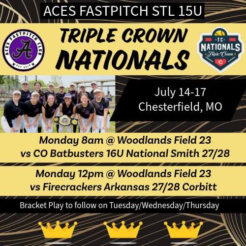 I am very excited to be attending the Triple Crown Nationals in Stl this comeing week with my team. Here's our schedule!