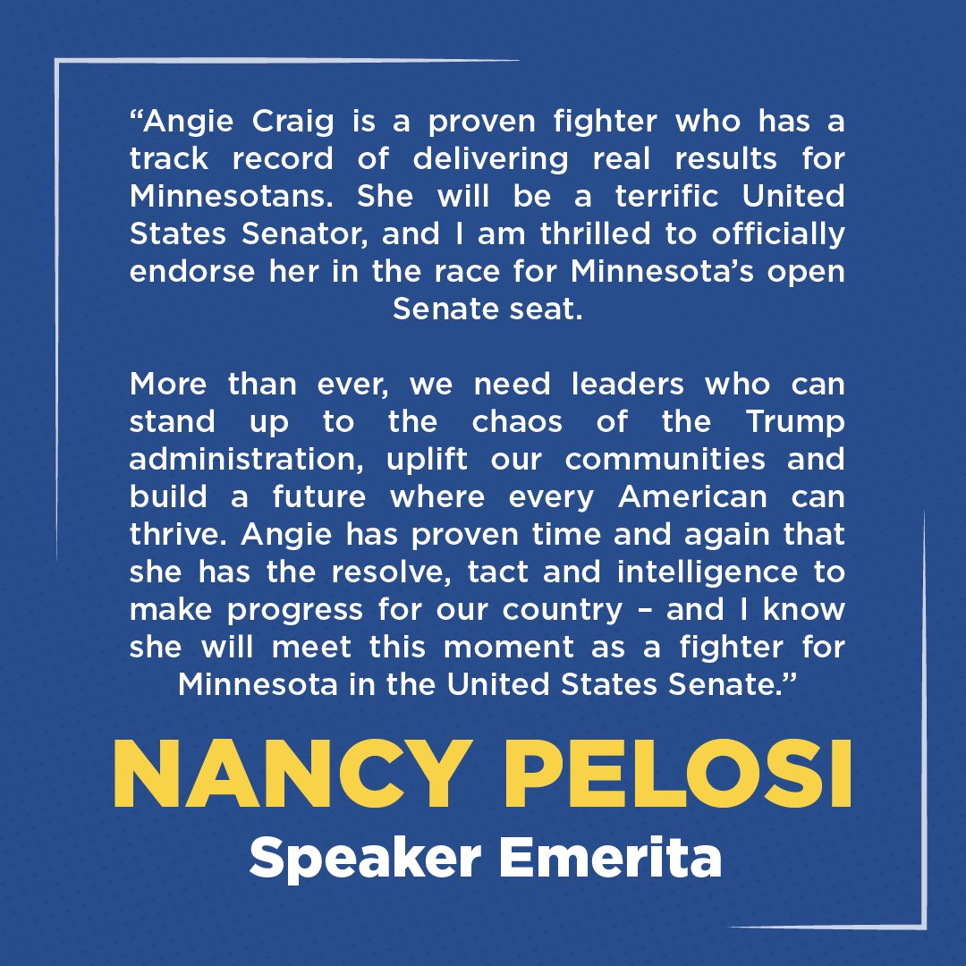 AngieCraigMN's tweet image. Honored to be endorsed by Nancy Pelosi in my run for U.S. Senate.