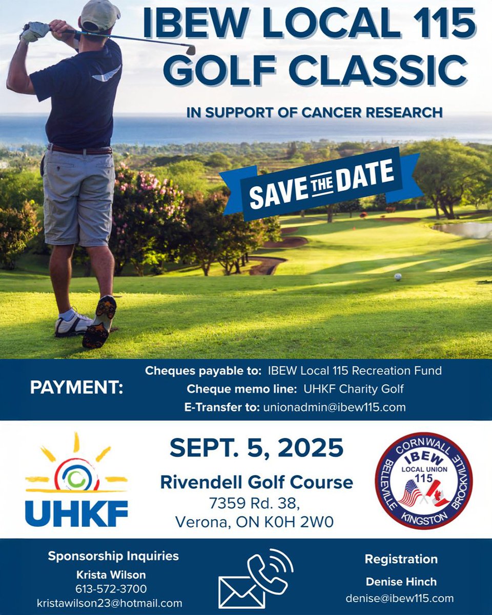The <a href="/IBEW/">IBEW</a> Local 115 Charity Golf Tournament returns Sept. 5 in #Verona! 🏌️ 

Last year raised $33K for cancer research at <a href="/KingstonHSC/">KingstonHSC</a>—this year’s goal is $50K. 

Learn more: bit.ly/3ZLIxjo