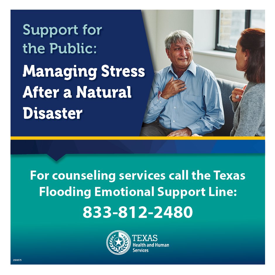 TexasHHSC's tweet image. During emergency events, it is important to pay attention to physical and mental health. Know the signs of stress and take action to keep yourself and loved ones healthy.
For tips on managing stress and other resources, visit: bit.ly/4610EG9
#TexasFloods