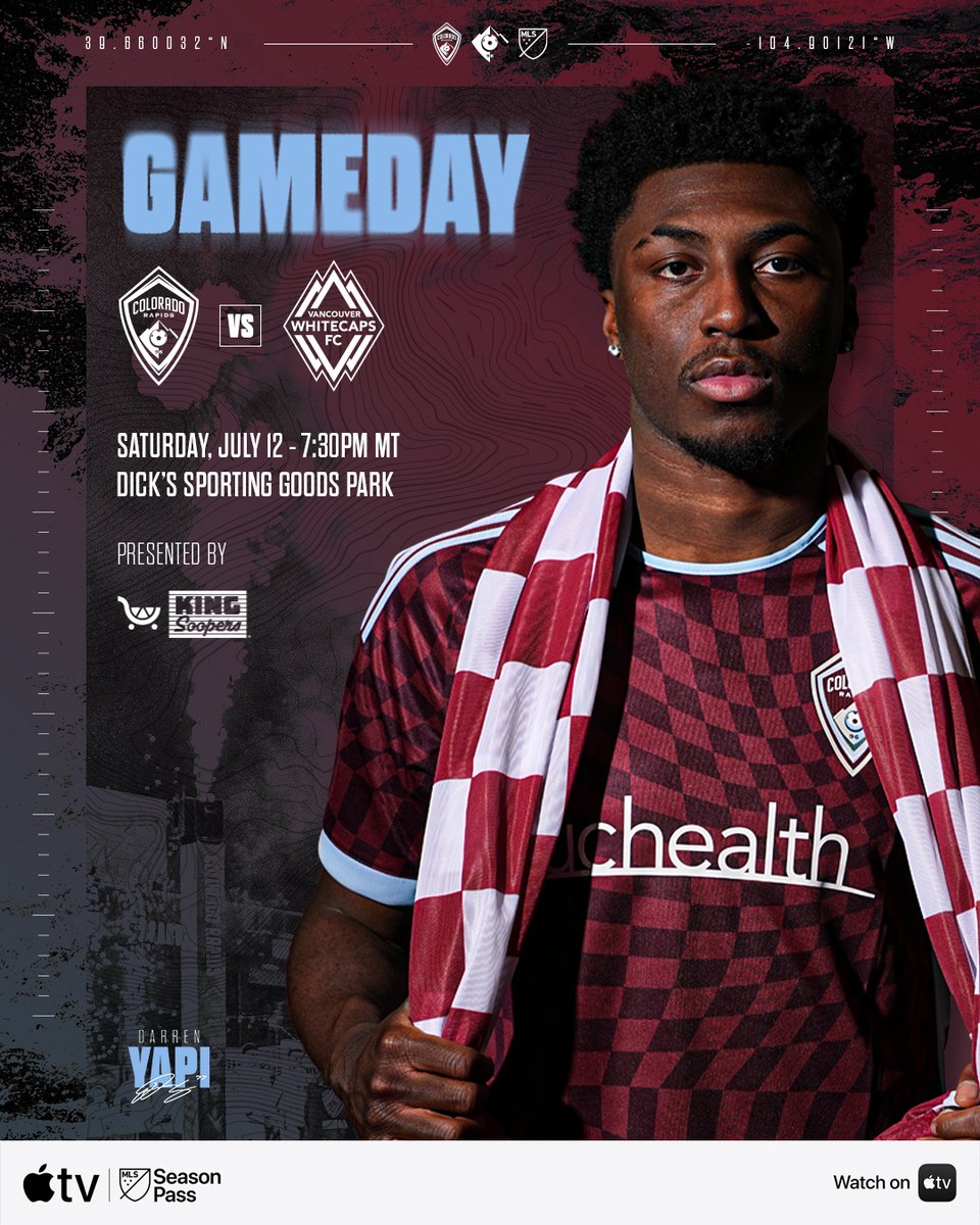 Colorado Rapids (@coloradorapids) on Twitter photo IT’S GAMEDAY ‼️
🆚: Vancouver Whitecaps FC
🏟️: DICK'S Sporting Goods Park
⏰: 7:30 PM MT
📺: #MLSSeasonPass on <a href="/AppleTV/">Apple TV</a>
📱: rapids96.com/downloadapp
📻: <a href="/AltitudeSR/">92.5 FM - Denver's Altitude Sports Radio</a>
#️⃣: #COLvVAN
🤝: <a href="/MyKingSoopers/">King Soopers</a> IT’S GAMEDAY ‼️
🆚: Vancouver Whitecaps FC
🏟️: DICK'S Sporting Goods Park
⏰: 7:30 PM MT
📺: #MLSSeasonPass on <a href="/AppleTV/">Apple TV</a>
📱: rapids96.com/downloadapp
📻: <a href="/AltitudeSR/">92.5 FM - Denver's Altitude Sports Radio</a>
#️⃣: #COLvVAN
🤝: <a href="/MyKingSoopers/">King Soopers</a>