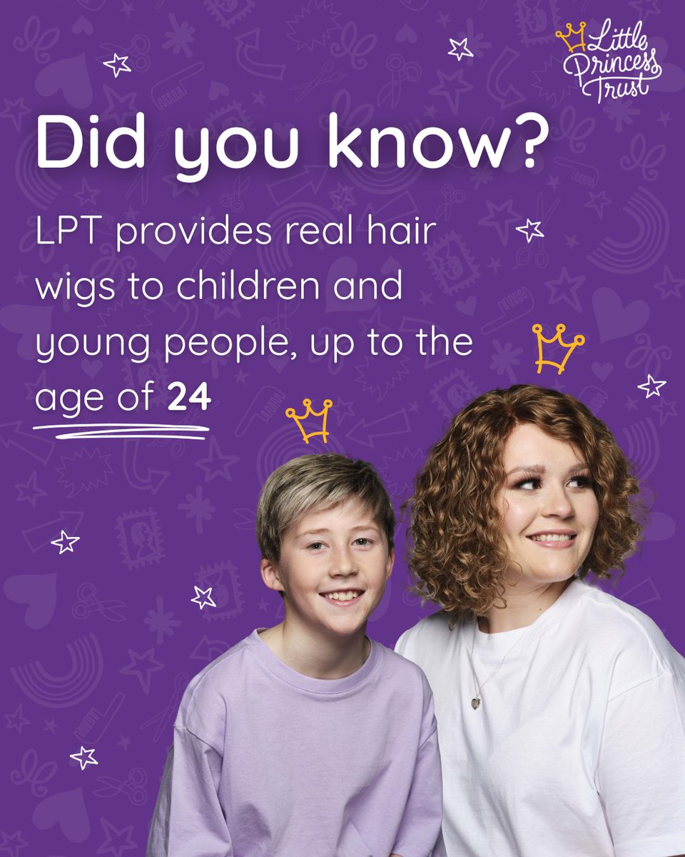 LPTrustUK's tweet image. Did you know that The Little Princess Trust doesn’t just provide wigs to children, but also young people up to the age of 24? 💜👑
To find out more about LPT, click here 👉 ow.ly/Q1Al50WnAag