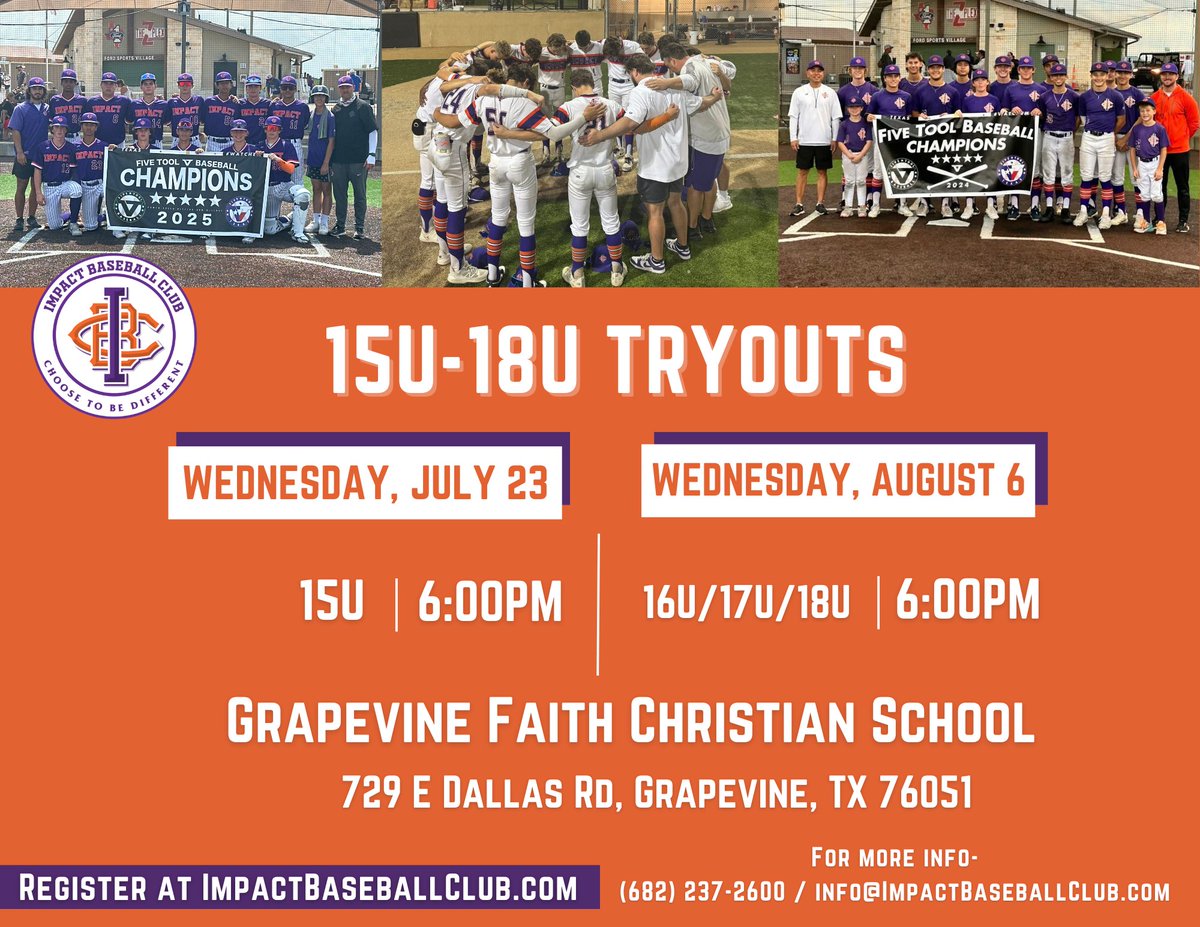 JULY 23RD: Impact Baseball Club 15U Tryouts  

AUGUST 6TH: Impact Baseball Club 16U/17U/18U Tryouts 

For more information and to register, click here: 
impactbaseballclub.leagueapps.com/events/4646938…