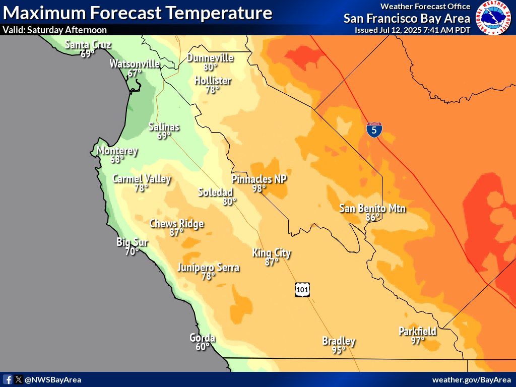 🌡️🔥Hot inland, cool coast!
Forecast highs for Saturday (7/12) show a wide range across the Bay Area. Expect:
• 100–101°F: Far interior locations
• 80s–90s: Most inland valleys
• 60s–70s: Along the coast
Stay hydrated &amp; avoid strenuous activity during peak heat! #CAwx