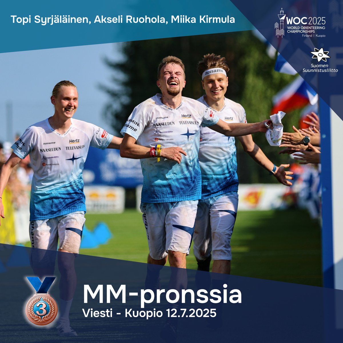 SuunnistusSSL's tweet image. Miehet suunnistuksen MM-viestin pronssia joukkueella Topi Syrjäläinen, Akseli Ruohola ja Miika Kirmula!

Onnittelut! 
#suunnistus #woc2025 
Kuva: Kimmo Hirvonen