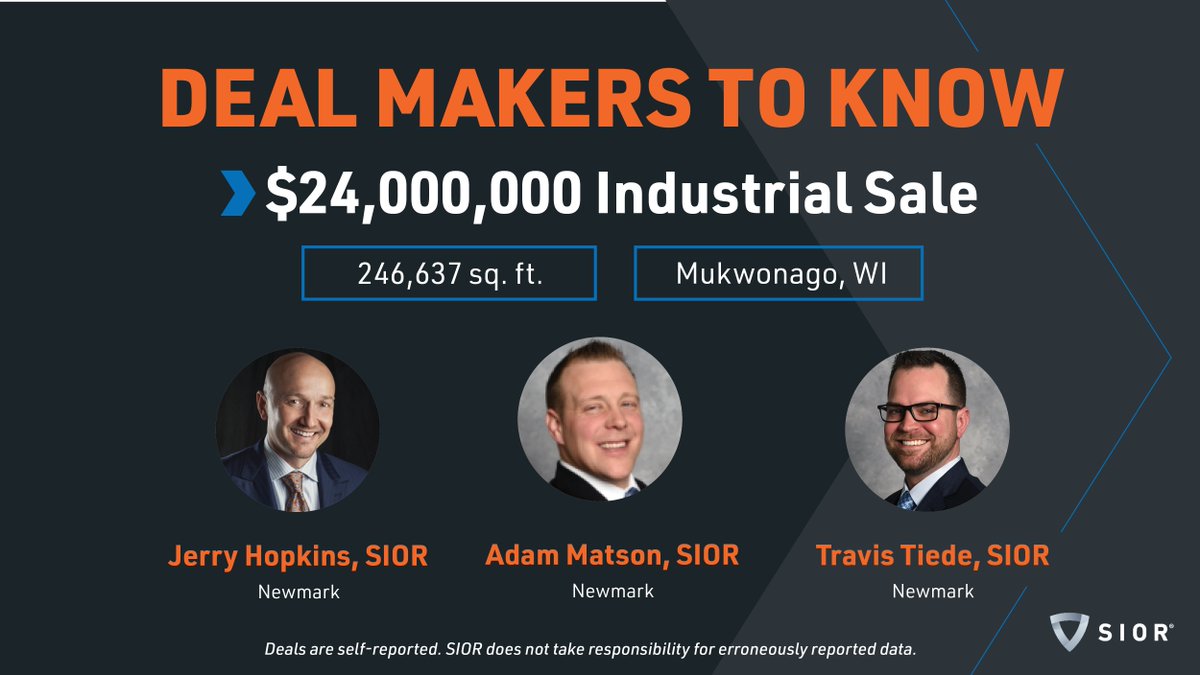 SIORglobal's tweet image. SIORs team up, deals take off! Shout out to Jerry Hopkins, SIOR; Adam Matson, SIOR; & Travis Tiede, SIOR, for landing a $24M industrial sale in Mukwonago, WI and the top #industrial deal of the week. Congrats, gentlemen!
Submit your deals to be featured: hubs.ly/Q03wXBNK0