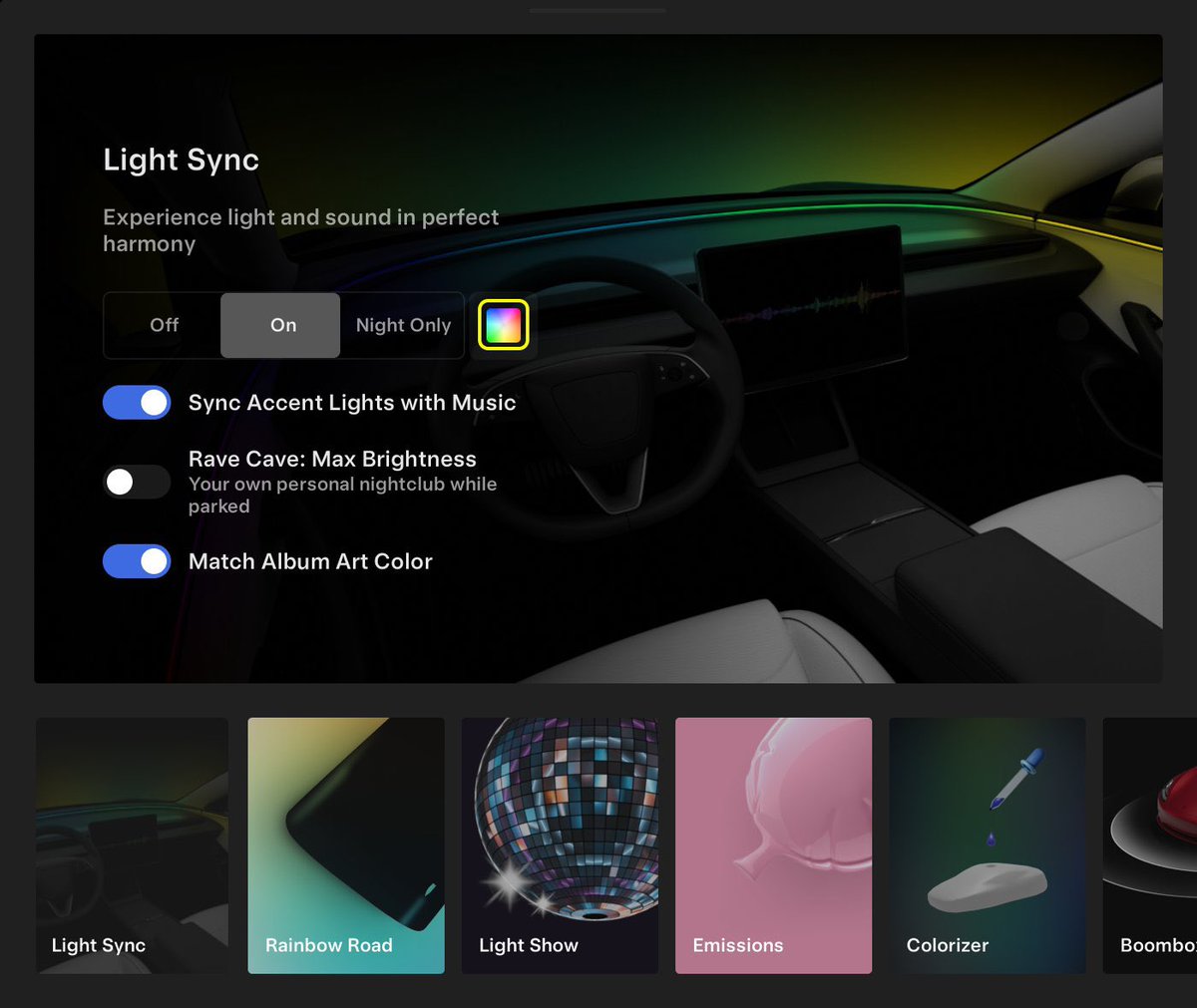 SunPowerFusion's tweet image. Wow congrats those with interior LED lighting, what a cool feature Tesla is now bringing.
Light Sync (New Model 3 & Model Y, 2026 Model S/X, @Cybertruck)
Accent lights now respond to music & you can also choose to match the lights to the album’s color for a more immersive…