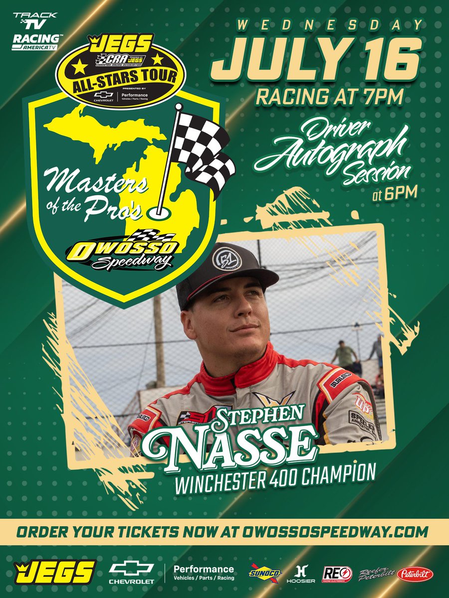 CRA Racing (@craracing) on Twitter photo Nationally recognizable talent will be on the property Wednesday for the Masters of the Pros 200 at Owosso Speedway - and we're not just talking about the Harvick family.
Tickets: OwossoSpeedway.com Nationally recognizable talent will be on the property Wednesday for the Masters of the Pros 200 at Owosso Speedway - and we're not just talking about the Harvick family.
Tickets: OwossoSpeedway.com