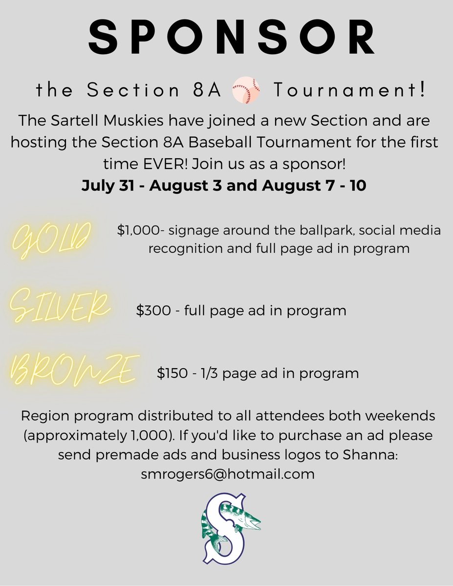 Sartell_Muskies's tweet image. We are hosting the upcoming Section 8A Baseball Tournament and are putting together our program. Please consider providing an ad.