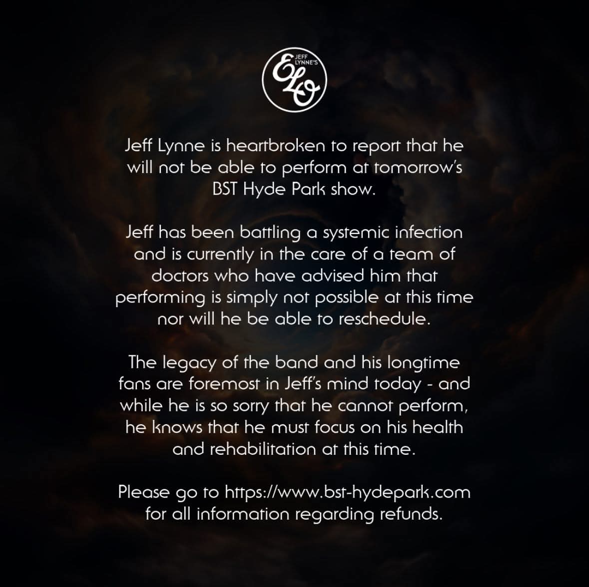 Graeme (@graemerlister) on Twitter photo Anyone wondering about tomorrow's #BSTHydePark gig featuring <a href="/JeffLynnesELO/">Jeff Lynne's ELO</a>
Sadly Jeff will not be performing.
We all wish him a speedy recovery Anyone wondering about tomorrow's #BSTHydePark gig featuring <a href="/JeffLynnesELO/">Jeff Lynne's ELO</a>
Sadly Jeff will not be performing.
We all wish him a speedy recovery