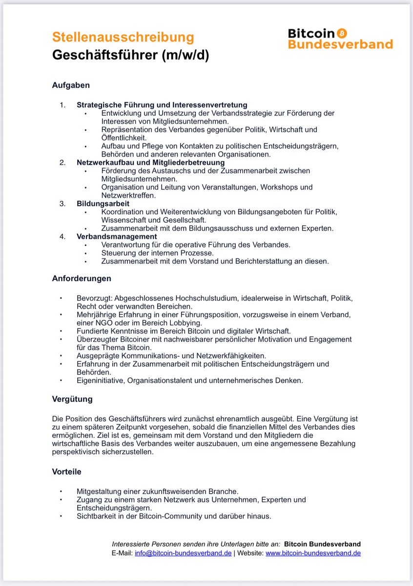Bitcoin Bundesverband (@btcverband) on Twitter photo 🚀 Der <a href="/btcverband/">Bitcoin Bundesverband</a> wächst!
Erfolge in Q2: Ausgebuchtes Business Dinner im Rahmen der <a href="/BTCPrague/">BTC Prague</a>, ESG-Papier veröffentlicht, Bitcoin Akademie in Vorbereitung.
Gesucht: Neue Geschäftsführung, Verstärkung in Marketing, Politik, Bildung & Events!
Alle Details auf unserer Website. 🚀 Der <a href="/btcverband/">Bitcoin Bundesverband</a> wächst!
Erfolge in Q2: Ausgebuchtes Business Dinner im Rahmen der <a href="/BTCPrague/">BTC Prague</a>, ESG-Papier veröffentlicht, Bitcoin Akademie in Vorbereitung.
Gesucht: Neue Geschäftsführung, Verstärkung in Marketing, Politik, Bildung & Events!
Alle Details auf unserer Website.