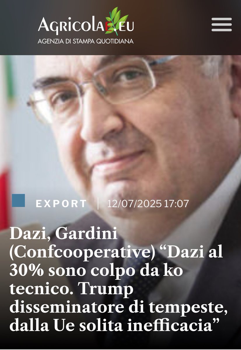 AGRICOLAE (@agricolae1) on Twitter photo #Dazi <a href="/realDonaldTrump/">Donald J. Trump</a> , #Gardini (<a href="/Confcooperativ1/">Confcooperative</a> <a href="/Fedagripesca/">Fedagripesca - Confcooperative</a> ) “Dazi al 30% sono colpo da ko tecnico. Trump disseminatore di tempeste, dalla Ue solita inefficacia” agricolae.eu/dazi-gardini-c… #Dazi <a href="/realDonaldTrump/">Donald J. Trump</a> , #Gardini (<a href="/Confcooperativ1/">Confcooperative</a> <a href="/Fedagripesca/">Fedagripesca - Confcooperative</a> ) “Dazi al 30% sono colpo da ko tecnico. Trump disseminatore di tempeste, dalla Ue solita inefficacia” agricolae.eu/dazi-gardini-c…
