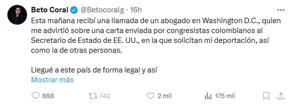 millanrussy's tweet photo. No comprendo el miedo de Beto Coral en ser deportado si aquí en Colombia tiene lo que no hay en el imperio estadounidense:

Salud gratuita, paz total, garantías de vida, legislación laboral justa, impuestos a los más ricos, cero corrupción... No lo comprendo. https://t.co/ESxd7vhFoI