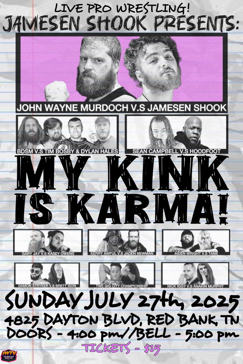 Jamesen Shook (Blue Checkmark) (@jshook_75) on Twitter photo 15 DAYS
<a href="/TheJWMurdoch/">American Deathmatch Ace</a> v SHOOK
<a href="/SeanCxmpbell/">SEAN CAMPBELL</a> v <a href="/HoodFoot418/">HF</a>
HALES/BOSBY v BDSM
<a href="/RoninKOBK/">ๆตชไบบ</a> v <a href="/Dmnstrkr/">Damon Stryker</a>
<a href="/StiffRoboGinger/">Gary Jay ๐๐ค๐พ</a> v <a href="/thekaseyowens/">Kasey Owens</a>
<a href="/HossoftheSouth1/">Aiden Wright</a> v TANK
<a href="/anakinsadmurphy/">anakin murphy</a> v <a href="/NickIggy_/">Nick Iggy</a>
<a href="/Jaden4Real/">J A D E N N E W M A N (Professional Wrestler)</a> v <a href="/kerryawful/">โTHE GARGOYLEโ KERRY AWFUL B.S.</a>
<a href="/TotallyPhaNesse/">โ๐๐ ๐ฅ๐๐๐๐ช โ๐๐๐ค๐ฅ๐๐โ โ๐๐โโ๐๐ค๐ค๐ ๐</a> v <a href="/SheanChrist/">Lord of Flies</a>
๐๏ธ-paypal.me/jamesenshook 15 DAYS
<a href="/TheJWMurdoch/">American Deathmatch Ace</a> v SHOOK
<a href="/SeanCxmpbell/">SEAN CAMPBELL</a> v <a href="/HoodFoot418/">HF</a>
HALES/BOSBY v BDSM
<a href="/RoninKOBK/">ๆตชไบบ</a> v <a href="/Dmnstrkr/">Damon Stryker</a>
<a href="/StiffRoboGinger/">Gary Jay ๐๐ค๐พ</a> v <a href="/thekaseyowens/">Kasey Owens</a>
<a href="/HossoftheSouth1/">Aiden Wright</a> v TANK
<a href="/anakinsadmurphy/">anakin murphy</a> v <a href="/NickIggy_/">Nick Iggy</a>
<a href="/Jaden4Real/">J A D E N N E W M A N (Professional Wrestler)</a> v <a href="/kerryawful/">โTHE GARGOYLEโ KERRY AWFUL B.S.</a>
<a href="/TotallyPhaNesse/">โ๐๐ ๐ฅ๐๐๐๐ช โ๐๐๐ค๐ฅ๐๐โ โ๐๐โโ๐๐ค๐ค๐ ๐</a> v <a href="/SheanChrist/">Lord of Flies</a>
๐๏ธ-paypal.me/jamesenshook
