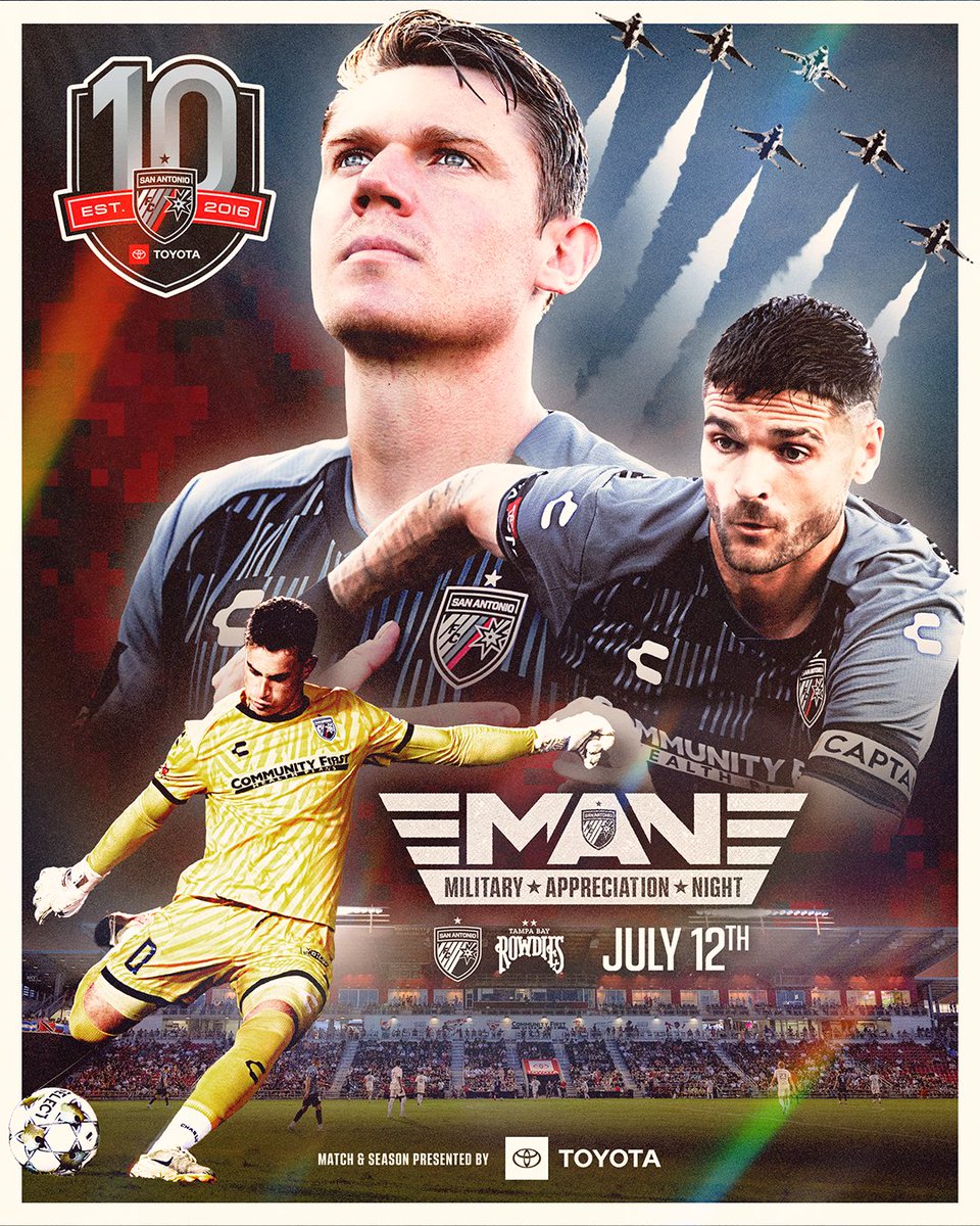 San Antonio FC (@sanantoniofc) on Twitter photo Join us in recognizing the strength, sacrifice, and spirit of our armed forces as we take on Tampa Bay πΊπΈ
βοΈ Airforce anthem fly-over
βοΈKickoff at 8:00 PM
ποΈ Military vehicles & more
ποΈ ow.ly/ekBn50WoLY4
<a href="/Toyota/">Toyota USA</a> | #sponsored Join us in recognizing the strength, sacrifice, and spirit of our armed forces as we take on Tampa Bay πΊπΈ
βοΈ Airforce anthem fly-over
βοΈKickoff at 8:00 PM
ποΈ Military vehicles & more
ποΈ ow.ly/ekBn50WoLY4
<a href="/Toyota/">Toyota USA</a> | #sponsored