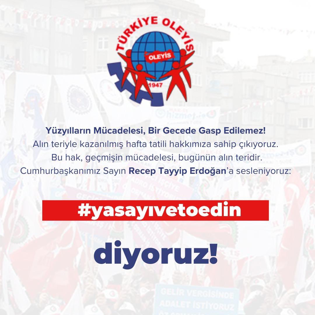 Bugün turizm işçisi,
Yarın tüm emekçiler...
Hafta tatili hakkımızı almayın!
Bu bir hak gaspıdır, kabul etmiyoruz!
#yasayıvetoedin #HaftaTatiliHakkımızdır
<a href="/RTErdogan/">Recep Tayyip Erdoğan</a> <a href="/Akparti/">AK Parti</a> <a href="/csgbakanligi/">T.C. Çalışma ve Sosyal Güvenlik Bakanlığı</a> <a href="/isikhanvedat/">Prof. Dr. Vedat Işıkhan</a>