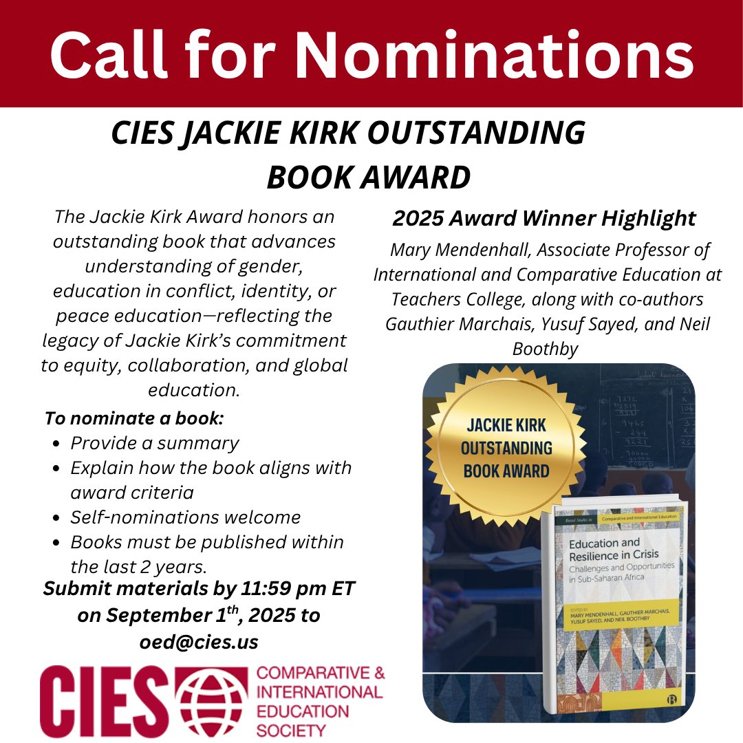 CIES (@cies_us) on Twitter photo 📚 Call for Nominations!
The Jackie Kirk Award honors a book advancing gender, conflict, identity, or peace education—reflecting Jackie Kirk’s legacy.
📅 Deadline: Sept 1, 2025
📩 Submit to: oed@cies.us
🔗 More info: cies.us/current-awards 📚 Call for Nominations!
The Jackie Kirk Award honors a book advancing gender, conflict, identity, or peace education—reflecting Jackie Kirk’s legacy.
📅 Deadline: Sept 1, 2025
📩 Submit to: oed@cies.us
🔗 More info: cies.us/current-awards