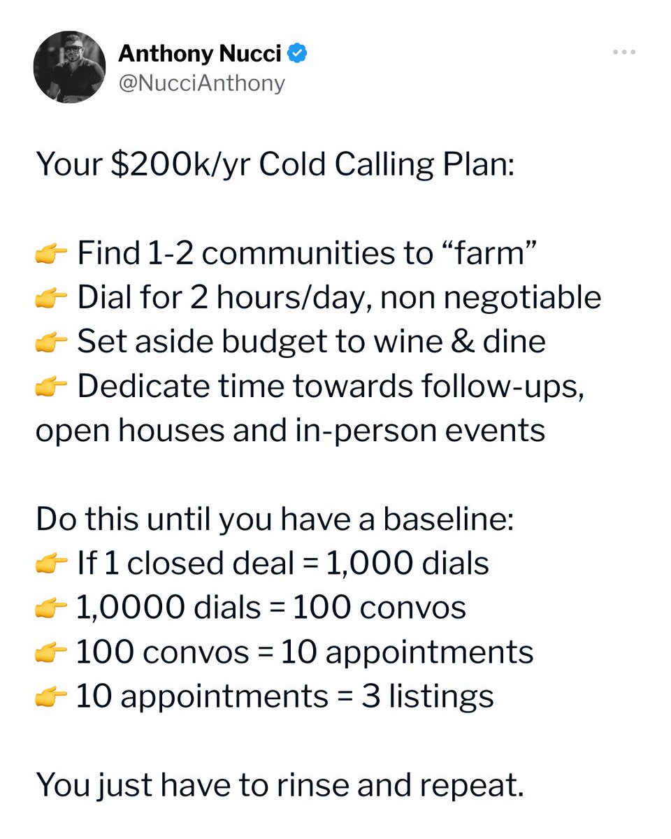 NucciAnthony's tweet image. With a strong system, that $200k/year becomes predictable.
If you’re struggling to get deals, drop “COLD” — I’ll send you a link to my training.

#ColdCallingSystem #RealEstateSuccess #PredictableIncome #LeadGeneration #FSBOLeads #CloseMoreDeals #RealtorTraining #SalesBlueprint…