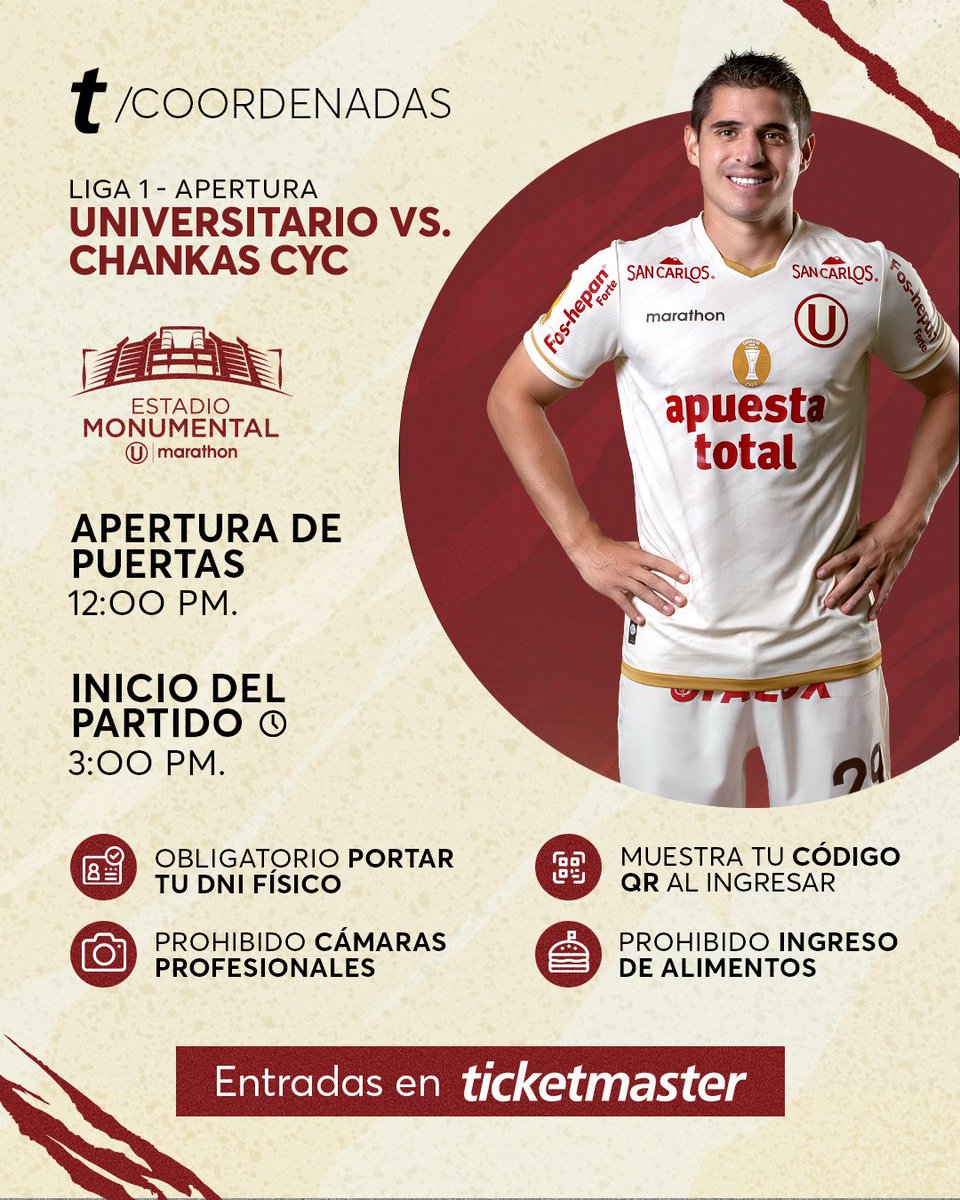¡Alentemos una vez más, cremas!🗣️

Sigamos estas indicaciones y disfrutemos de este emocionante partido ⚽️

La emoción de vivirlo en vivo, Ticketmaster 💛

#Ticketmaster #Universitario