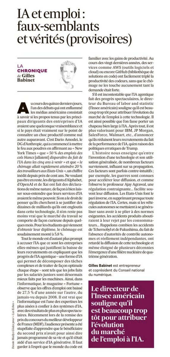 babgi's tweet image. Le débat à propos de l'IA et du futur du travail est passionnel, d'autant plus qu'il est alimenté par les déclarations de personnalités emblématiques, comme Sam Altman (OpenAI) ou Dario Amoidei (Anthropic) –sans parler des polémistes et futurologues français– le thème et l'objet…