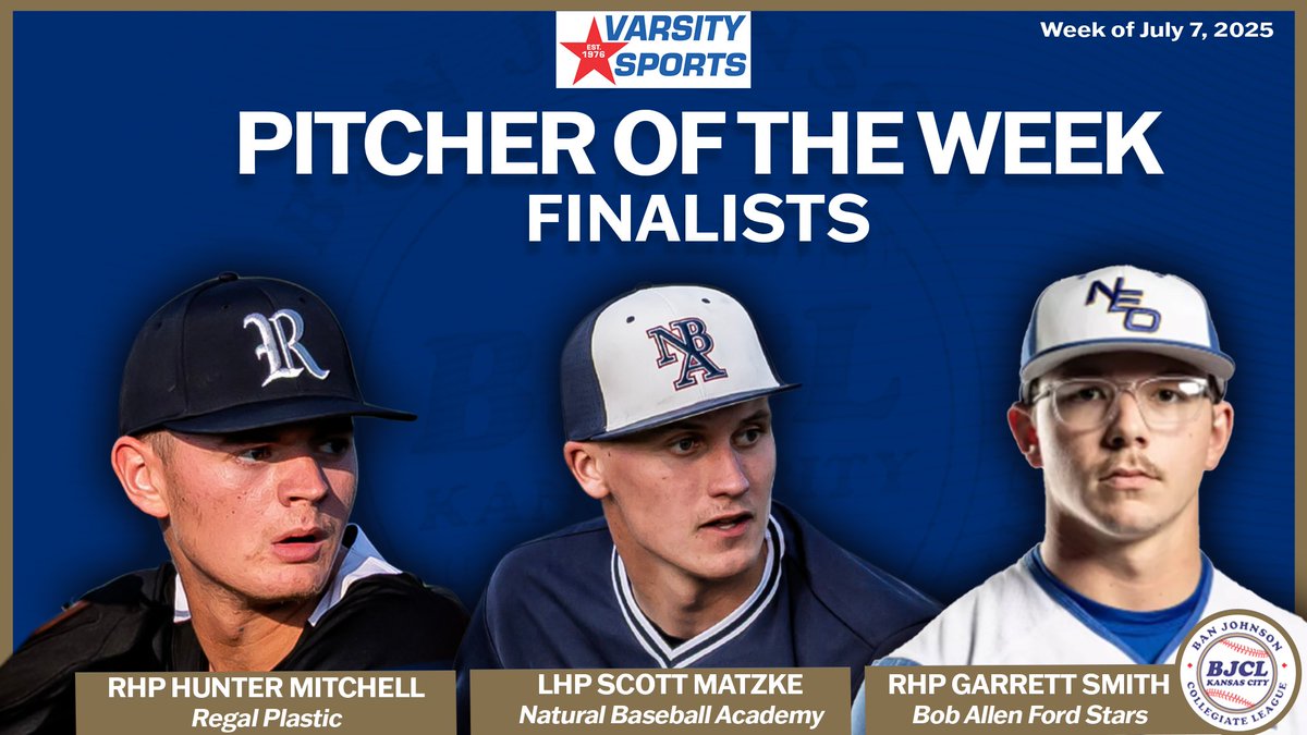 Congrats to our Varsity Sports Pitcher of the Week finalists! Look for our winner on Sunday! #BJCL

Regal Plastic RHP Hunter Mitchell (<a href="/21Hunter_M/">Hunter Mitchell</a> / <a href="/PrattBaseball/">Beaver Baseball</a>)

Natural Baseball Academy LHP Scott Matzke (<a href="/ScottMatzke2/">Scott Matzke</a> / <a href="/RavenBaseball/">Benedictine Baseball</a>) 

Bob Allen Ford Stars RHP Garrett
