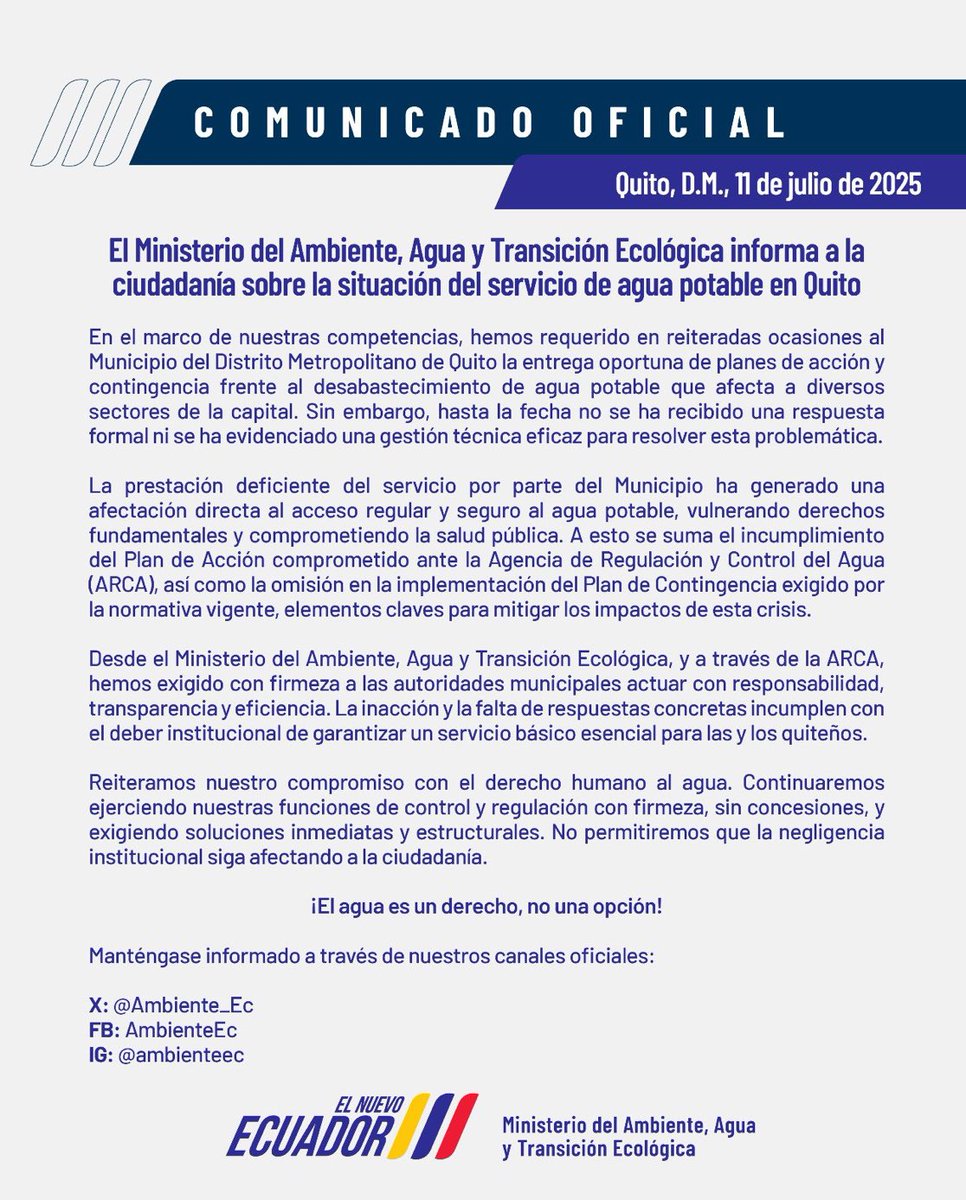 Ministerio del Ambiente se pronuncia sobre sobre la situación del servicio de agua potable en #Quito.