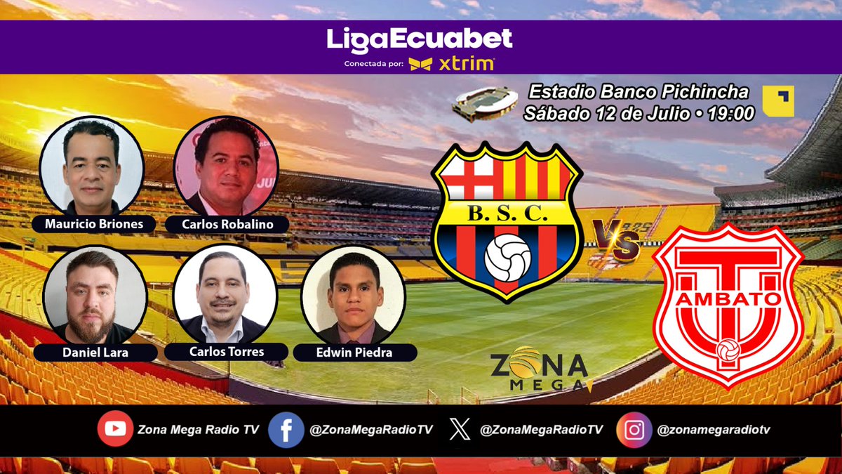 <a href="/LigaEcuabetec/">Liga Ecuabet</a>
BARCELONA vs TÉCNICO U.
Sabado 12 de Julio 19:00
Estadio Banco Pichincha
Mauricio Briones 
Daniel Lara
Carlos Torres
Carlos Robalino
Edwin Piedra
Transmisión Vía: youtube.com/ZonaMegaDigital