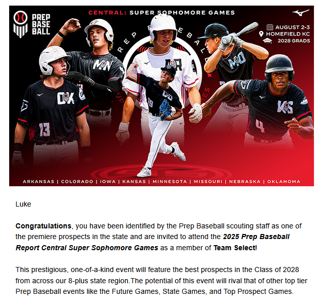 I am happy to announce that I have been selected to the Super Sophomore Games.  Thank you <a href="/PbrUrban/">Andy Urban PBR</a> <a href="/A9Legendsbsbl/">A9_Legends_Baseball</a> <a href="/CoachStinnett12/">Olathe Northwest Baseball</a>