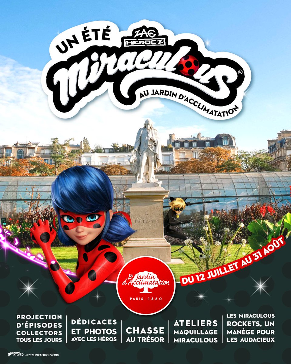 JardindAcclim's tweet image. 🐞 🐾
Un été #Miraculous au Jardin d'Acclimatation !
Du 12 juillet au 31 août 2025, retrouvez Ladybug et Chat Noir dans les allées du Jardin. Ateliers, projections, jeux, photocalls immersifs, rencontres et autres surprises vous attendent.
Programme 👉 jardindacclimatation.fr/un-ete-miracul…