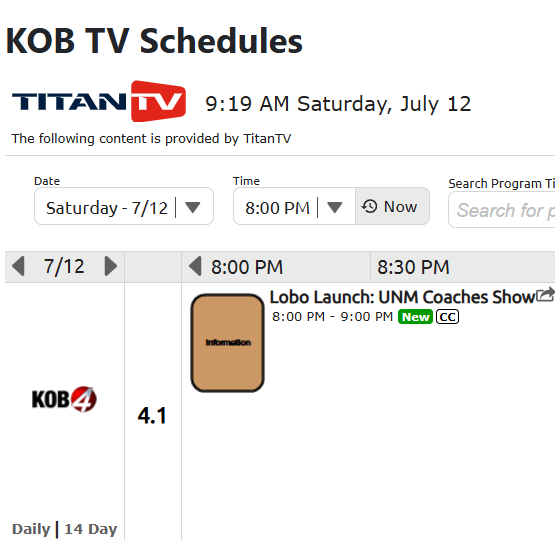 UNMLOBOS's tweet image. What is this I spy on the @KOB4 TV schedule for tonight at 8 pm?
Some big news for @UNMLoboFB, @UNMLoboMBB and @UNMLoboWBB coming up tonight!
#GoLobos | #MountainBest