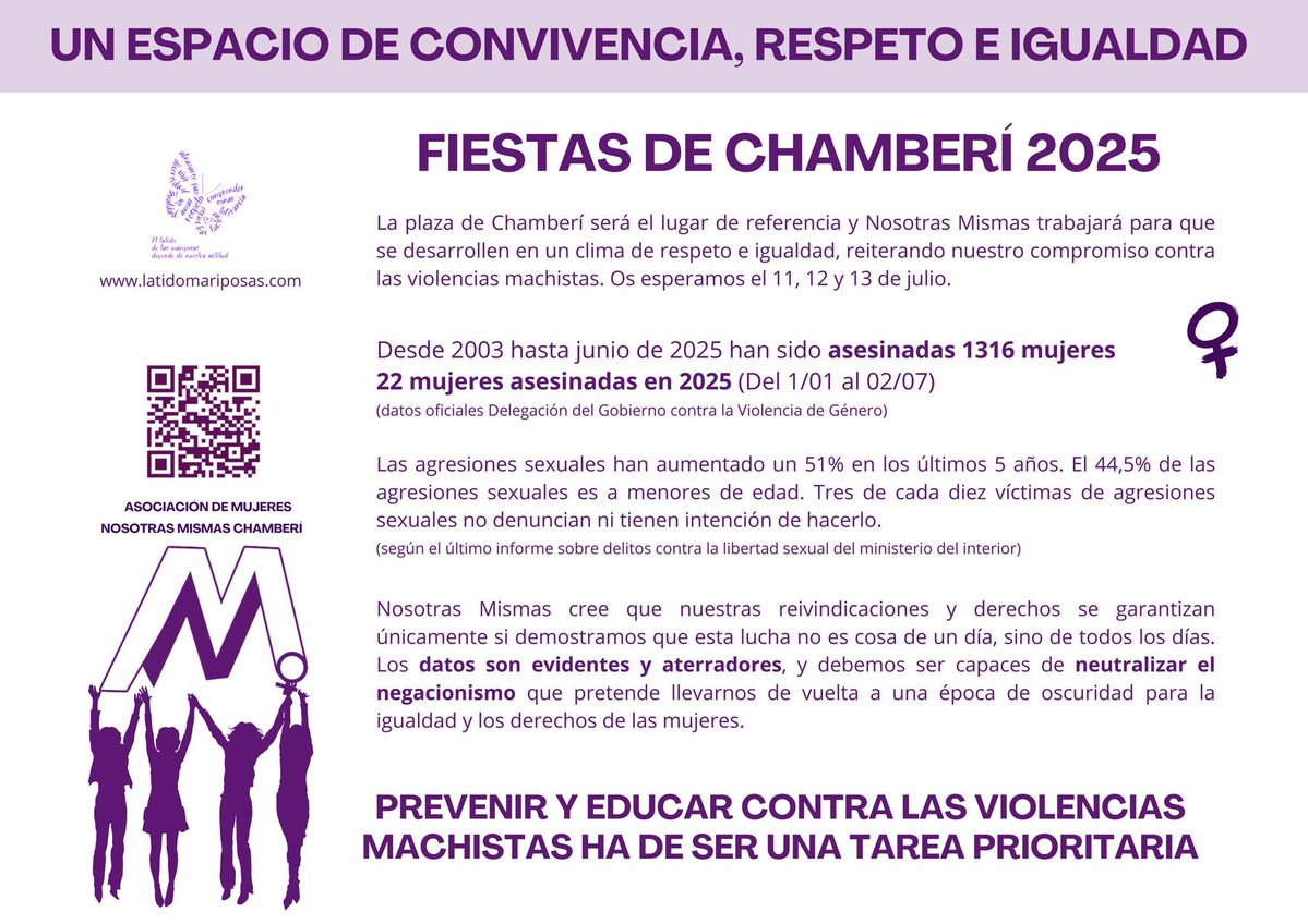 Las fiestas también son un espacio para concienciar, prevenir y sensibilizar.

Desde Nosotras Mismas trabajamos para que las fiestas se vivan con respeto e igualdad, reiterando nuestro compromiso en la lucha contra las violencias machistas.

#FiestasdelCarmenChamberí25
