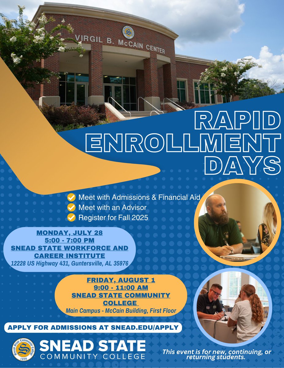 🎓 Ready to jumpstart your future?

Join us for Rapid Enrollment at Snead State Community College! Whether you're a new, continuing, or returning student, this is your one-stop event to: 

#CommCollege #SneadState