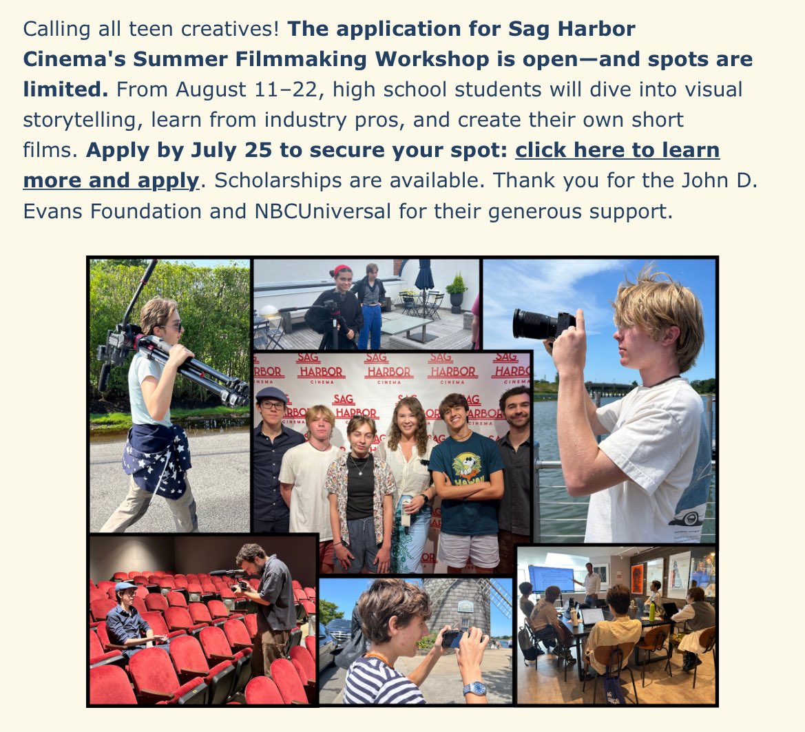carlquintanilla's tweet image. If you know any young, aspiring filmmakers, please encourage them to apply for this workshop — brought to you by the fine folks at @SH_Cinema and @NBCUniversal @UniversalPics.
sagharborcinema.org/summer-filmmak…