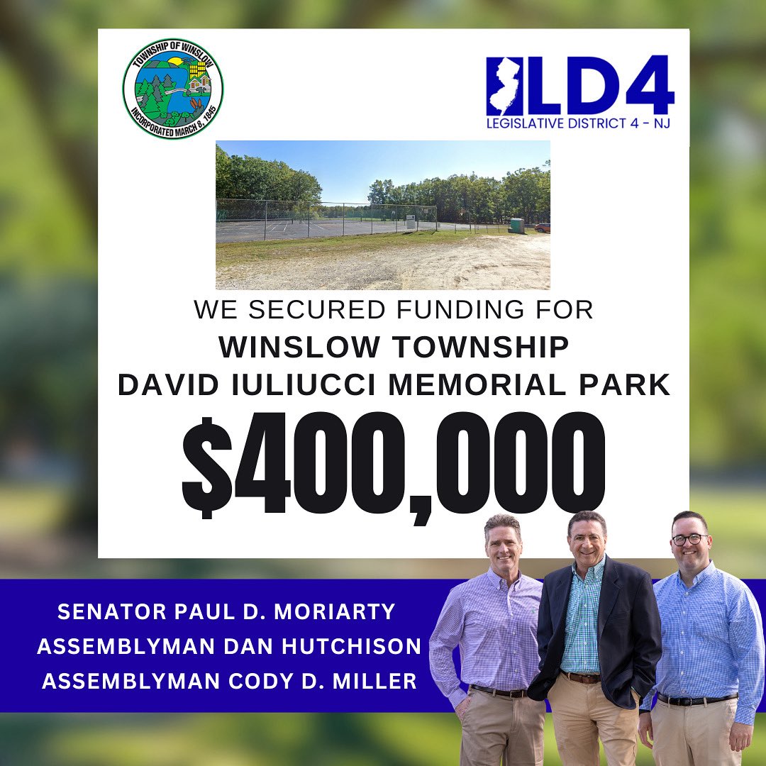 Cody_D_Miller's tweet image. Next up: Winslow Township ✅ We secured $400K for upgrades to David Iuliucci Memorial Park — including new basketball, tennis &amp;amp; pickleball courts. A big win for kids, families &amp;amp; the whole community! 🏀🎾🌳#NJLeg #WinslowTownship #SouthJersey