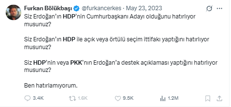Kaypak Furkan Bölükbaşı'na hatırlatın.
Gerçi bunu da evirip çevirip algıyla kıvırmayla kendini haklı göstermeye çalışacaktır!

1-Cumhur İttifak ortağı DEM'in CB adayı artık Erdoğan'dır.

2-Erdoğan bugün açık açık ittifak yaptığını söyledi.

3-DEM/HDP'den desteğin kralı geldi.