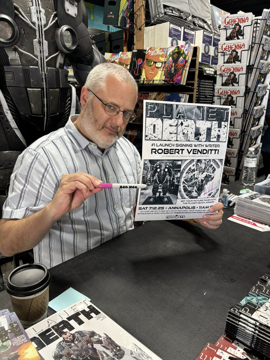 The PLANET DEATH #1 signing at Third Eye Comics has begun! Come out to Third Eye Annapolis from 11-1 and get your copy signed. Plus, get your photo taken in the PLANET DEATH Battle Armor!