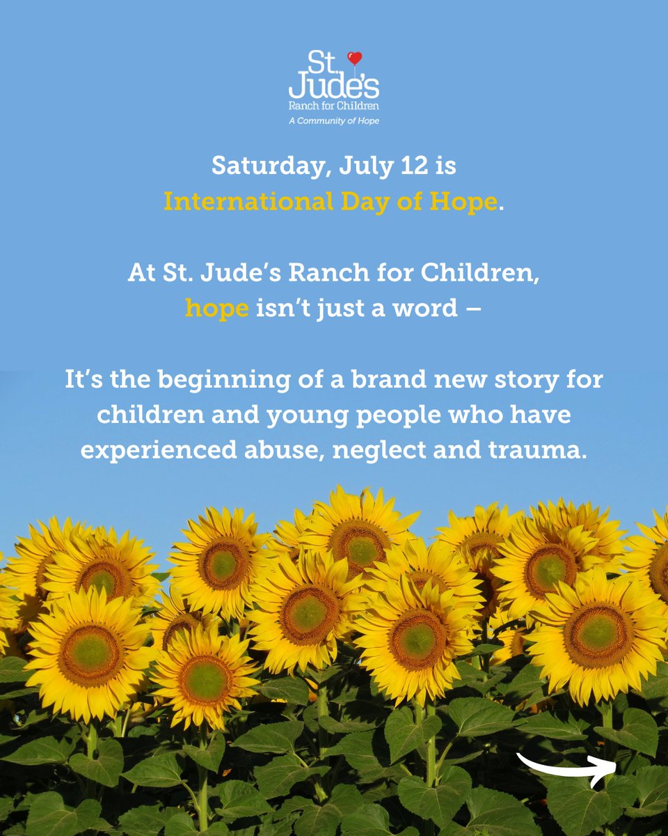 StJudesRanch's tweet image. July 12 is #InternationalDayofHope. 🌻
At St. Jude’s Ranch for Children, hope isn’t just a word– it’s the beginning of a brand new story for children & young people who have experienced abuse, neglect & trauma.
Together, we can create hope & healing.
❤️ bit.ly/SJRCDirectDona…