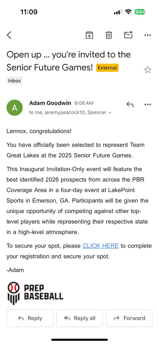 Thank you <a href="/CoachGoodwinA/">Adam Goodwin</a> and <a href="/PrepBaseballMI/">Prep Baseball Michigan</a> for the invite to represent team Great Lakes at futures games later this month! Very excited to compete with the best of the best.