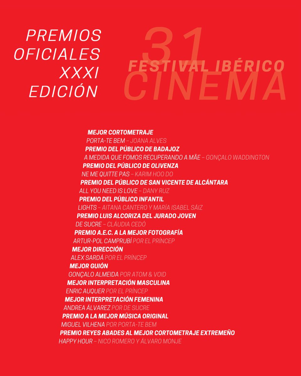 ¡PALMARÉS del 𝟑𝟏º 𝐅𝐞𝐬𝐭𝐢𝐯𝐚𝐥 𝐈𝐛é𝐫𝐢𝐜𝐨 𝐝𝐞 𝐂𝐢𝐧𝐞! 
Tras una semana de proyecciones inolvidables y más de 1.200 cortometrajes recibidos, estos son los cortos ganadores de nuestra edición 2025 🏆
.
.
#31FIC #festivalIbéricodecine #palmarés #cortometrajes #cine