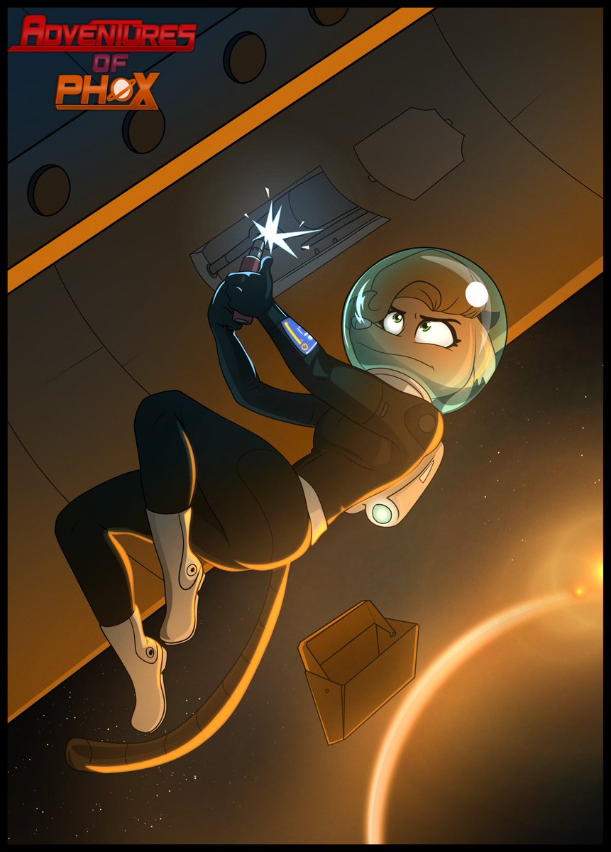 PhoxnSparky's tweet image. A random lil promo pic of Phox making some fast repairs on her ship!
I am not 100% certain if that is a black hole, or a planet, behind her.... I'll leave that up to the imagination! If it is a black hole, Phox better hurry up and not get caught in that event horizon!