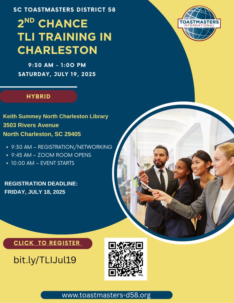 ToastmastersD58's tweet photo. Want to learn more about how Toastmasters can benefit you?  Register for the upcoming Hybrid Summer Toastmasters Leadership Institute (TLI)  on Saturday, July 19, 2025 from 9:30 am – 1:00 pm. Register on Eventbrite - https://t.co/HAmuLKQbDI
#speakingispower, #sctmd58 https://t.co/5a9S97oaVg