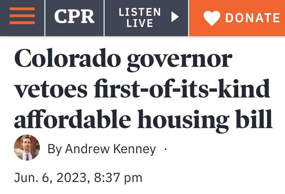 davidsirota's tweet image. When I think about whether the Abundance movement is an honest endeavor or a dishonest front for oligarchy, I often think of Colorado’s Abundance Gov. Jared Polis vetoing affordable housing legislation because it offended real estate moguls.

cpr.org/2023/06/06/pol…