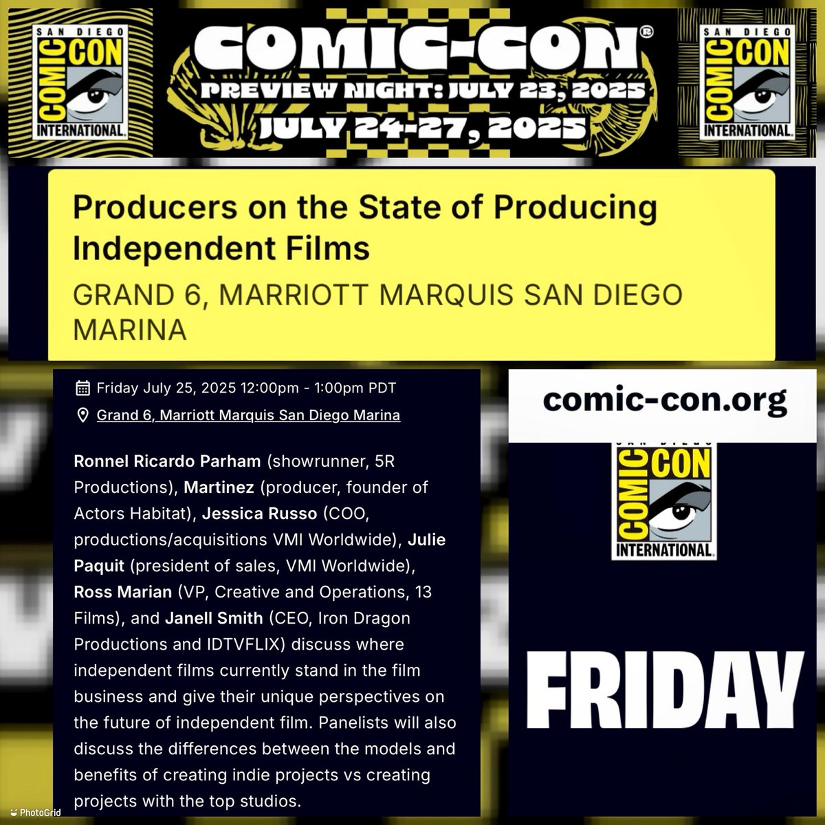 5R Productions (@5rproductions) on Twitter photo The programming schedule for the first few days of <a href="/Comic_Con/">Comic-Con International</a> has been released!
This a testament to where hard work meets opportunity.
We’ll be discussing “Producers on the State of Producing Independent Films” on July 25, 2025 at the <a href="/Marriott/">Marriott Hotels</a> Marquis Grand 6.
Dream big! The programming schedule for the first few days of <a href="/Comic_Con/">Comic-Con International</a> has been released!
This a testament to where hard work meets opportunity.
We’ll be discussing “Producers on the State of Producing Independent Films” on July 25, 2025 at the <a href="/Marriott/">Marriott Hotels</a> Marquis Grand 6.
Dream big!