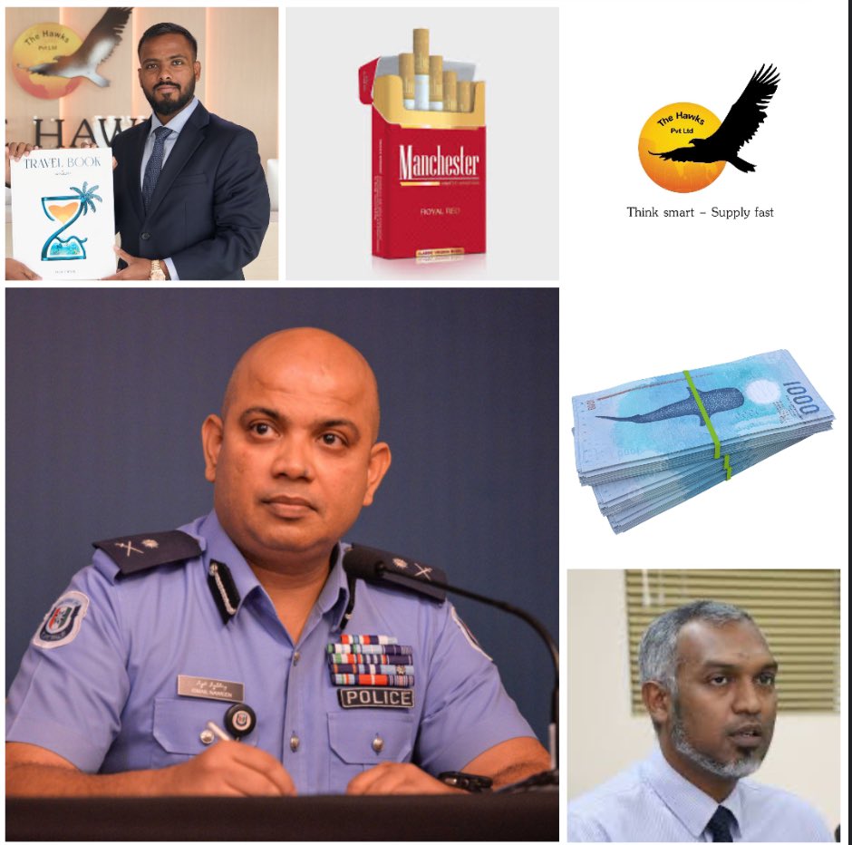 Adamiington's tweet image. 🚨The @PoliceMv Commissioner Naveen, with a reputation for allegedly enabling crimes for businessmen in return for bribes, was spotted visiting @Hawkspvt's residence a few weeks ago &amp;amp; met the company's GM Mr. Hussain Aman. 

Subsequently, Manchester cigarette cartons bearing…