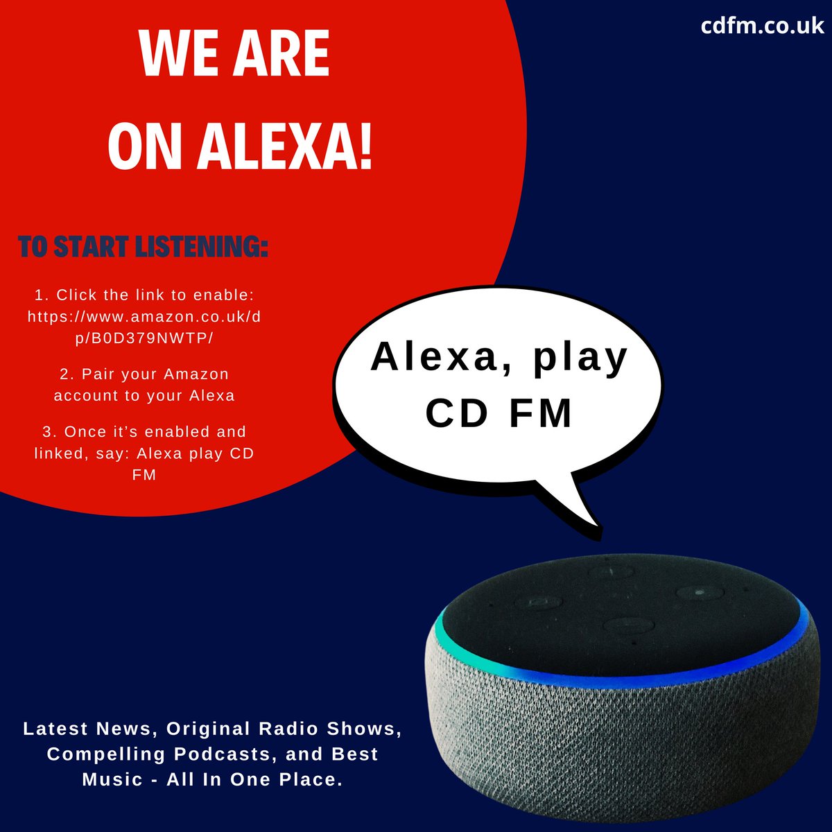 Enjoy non-stop hits, exclusive shows, and your favorite hosts with just one command. Enable the Alexa skill today and say “Alexa, play CD FM” 😊🎵🔊