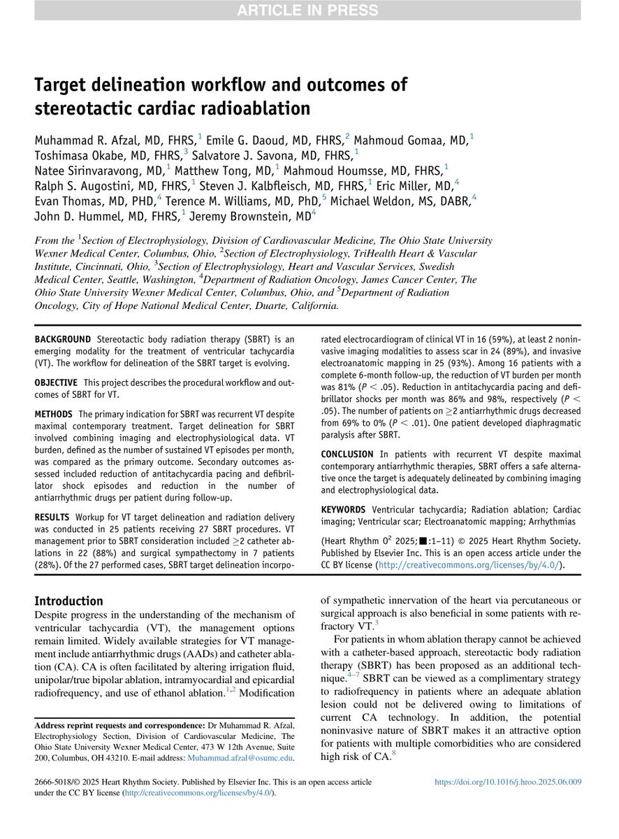 Proud to have contributed to more outstanding outcomes of cardiac radioablation for refractory ventricular tachycardia....this is the OSU experience led by cardiac EP Riz Afzal, &amp; RO Jeremy Brownstein et al. 

In patients w/ 6mo follow-up, 89% ⬇️in ATP and 98% ⬇️in shocks. ⚡️⚡️⚡️
