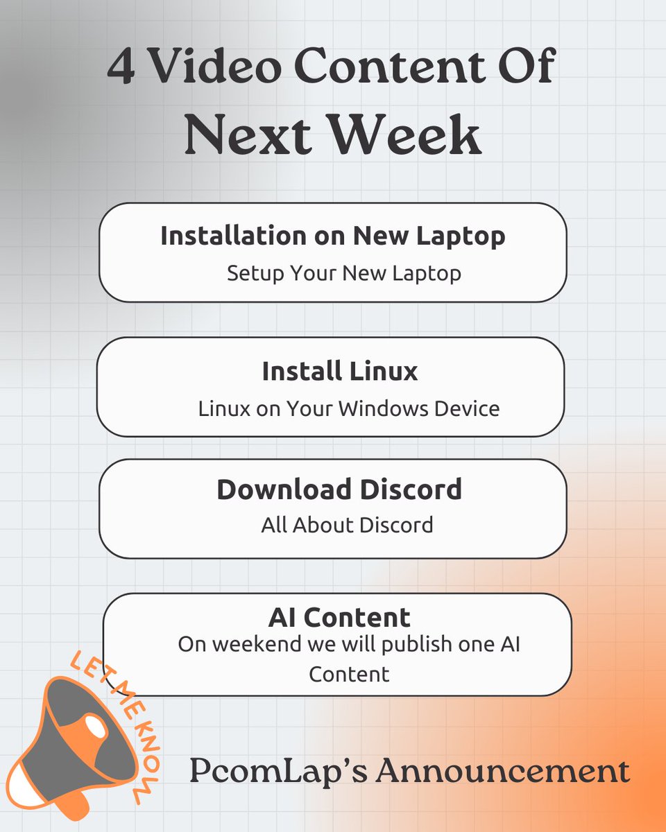 PComLap's tweet image. 🚨 PcomLap! Announcement 🚨
Here’s what’s dropping next week 👇
🎯 3 Shorts:
• Discord Download
• Brave &amp;amp; Chrome Extensions
• Surprise Short!
🎥 4 Videos:
• New Laptop Setup
• Install Linux
• Discord Guide
• AI Content (Weekend!)
#PcomLap #TechTips #AI #Linux #Windows11